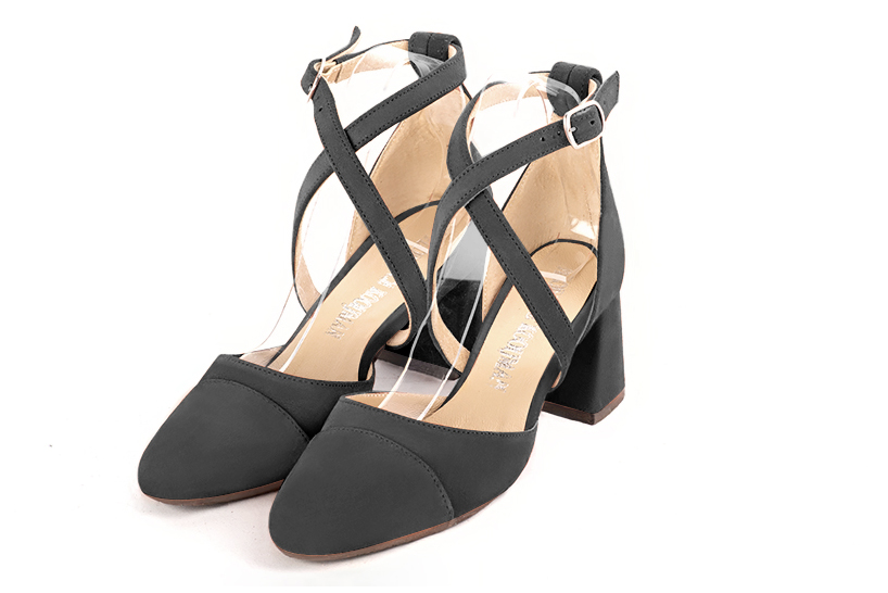 Dark grey women's open side shoes, with crossed straps. Round toe. Medium flare heels. Front view - Florence KOOIJMAN